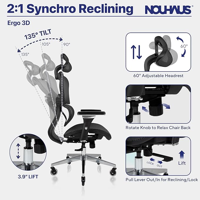 Nouhaus Ergo3D Ergonomic Office Chair Lumbar Support Mesh Office Chair with 4D Adjustable Armrest, Adjustable Headrest and Wheels, Mesh High Back Home Office Desk Chairs(Black) - LeafyLoom