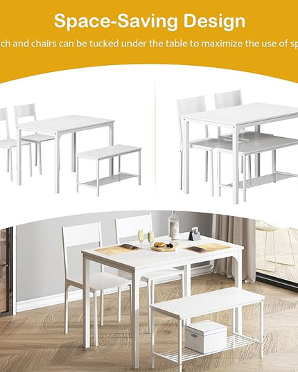 soges 4 Person Dining Table Set,43.3 inch Kitchen Table Set for 4,2 Chairs with Backrest,2-Person Bench with Storage, White Rack,Nesting Furniture Set for Dining Room and Restaurant, White - LeafyLoom