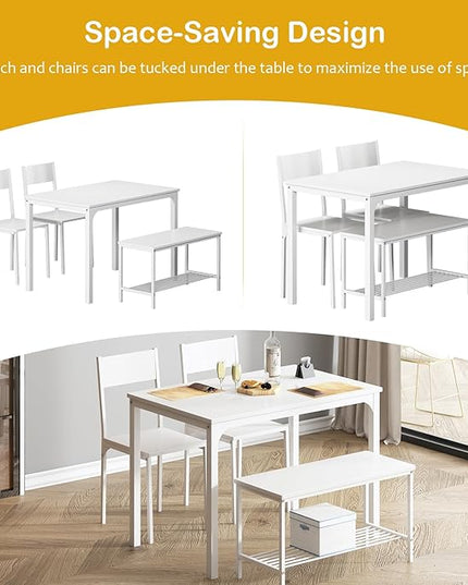 sogesfurniture 4-Piece Dining Table Set with 1 Bench and 2 Chairs, Kitchen Bench Table Set for 4, Wooden Kitchen Table and Chairs for Limited Space,White - LeafyLoom