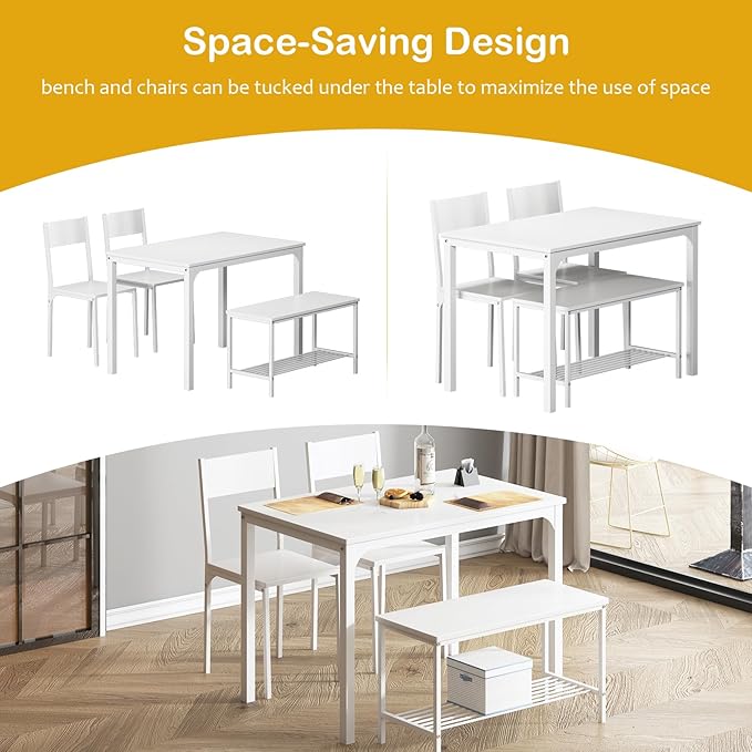 sogesfurniture 4-Piece Dining Table Set with 1 Bench and 2 Chairs, Kitchen Bench Table Set for 4, Wooden Kitchen Table and Chairs for Limited Space,White - LeafyLoom