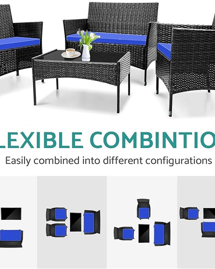 Patio Furniture, 4 Piece Conversation Set, Outdoor Wicker Rattan Table and Chairs, Sectional Sofa with Thick Cushion for Garden, Yard, or Porch, Dark Brown - LeafyLoom