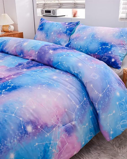 Holawakaka Tie Dye Constellation Print Ombre Comforter Set Full Size Boys Girls Gradient Galaxy Bedding Set (Blue Purple, Full) - LeafyLoom