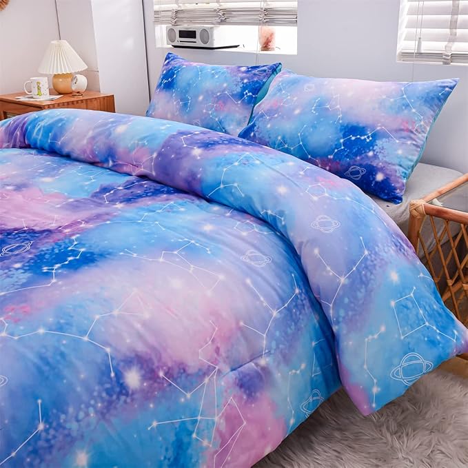 Holawakaka Tie Dye Constellation Print Ombre Comforter Set Full Size Boys Girls Gradient Galaxy Bedding Set (Blue Purple, Full) - LeafyLoom
