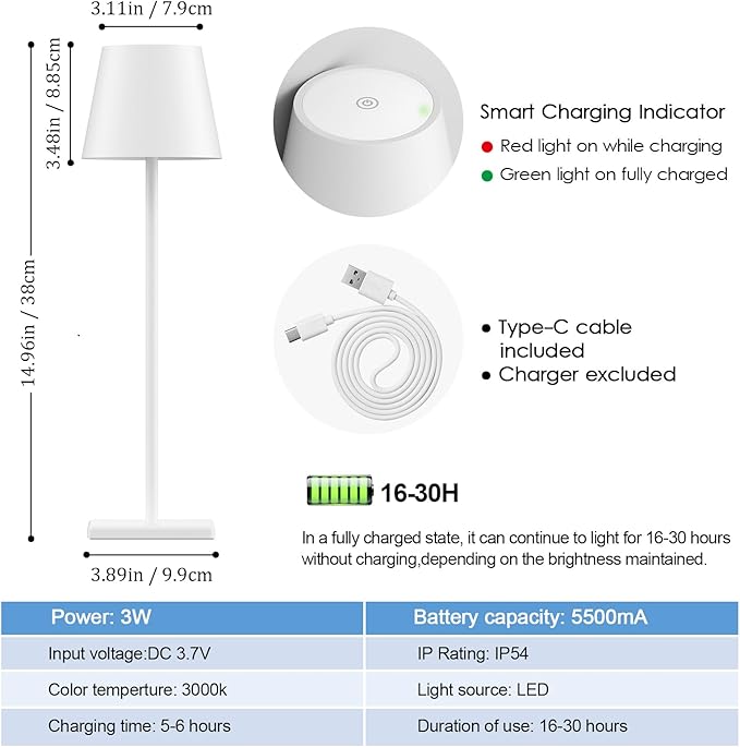 4-Pack Rechargeable Table Lamps, LED Cordless Table Lamp, 3W 6000mAh Battery Operated Table Light, Stepless Dimming Portable Table Light Waterproof for Restaurant/Indoor/Outdoor (White) - LeafyLoom