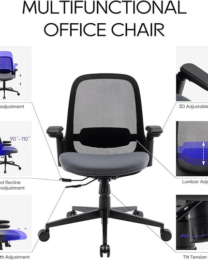 Ergonomic Mesh Office Chair, Mid Back Computer Executive Desk Chair with 3D Armrests, Slide Seat, Tilt Lock and Lumbar Support-Black/Grey - LeafyLoom
