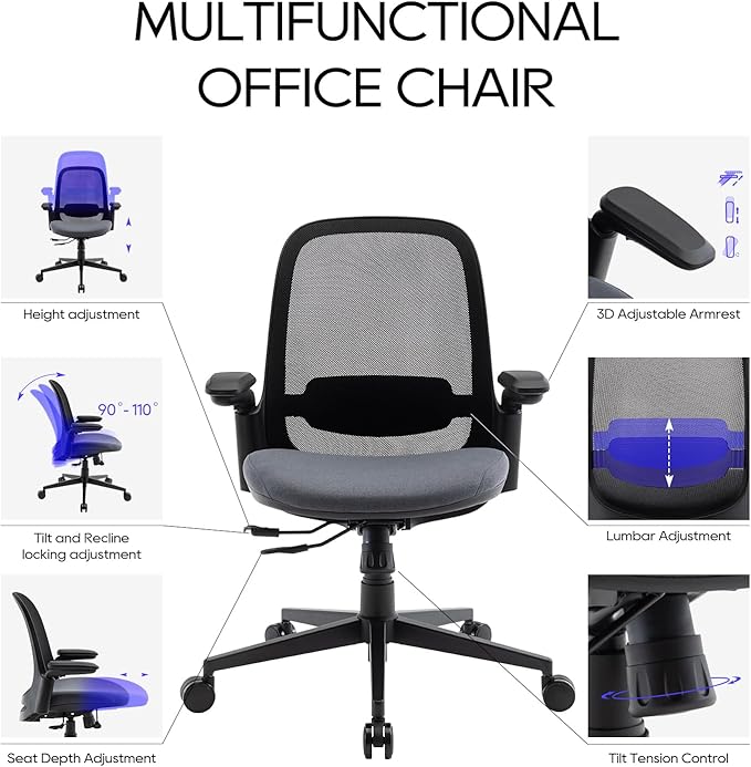 Ergonomic Mesh Office Chair, Mid Back Computer Executive Desk Chair with 3D Armrests, Slide Seat, Tilt Lock and Lumbar Support-Black/Grey - LeafyLoom