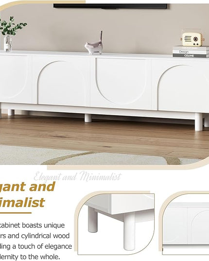 Merax Graceful TV Stand with Arch Cabinets for Televisions Up to 78'', Minimalist Entertainment Center with Solid Wood Legs and Adjustable Shelves, Practical Media Console for Living Room, White - LeafyLoom
