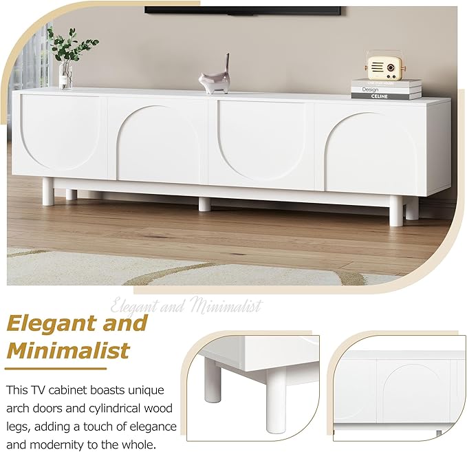 Merax Graceful TV Stand with Arch Cabinets for Televisions Up to 78'', Minimalist Entertainment Center with Solid Wood Legs and Adjustable Shelves, Practical Media Console for Living Room, White - LeafyLoom
