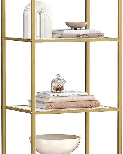 VASAGLE Bookcase, 6-Tier Bookshelf, Slim Shelving Unit for Bedroom, Bathroom, Home Office, Tempered Glass, Steel Frame, Metallic Gold ULGT500A01 - LeafyLoom
