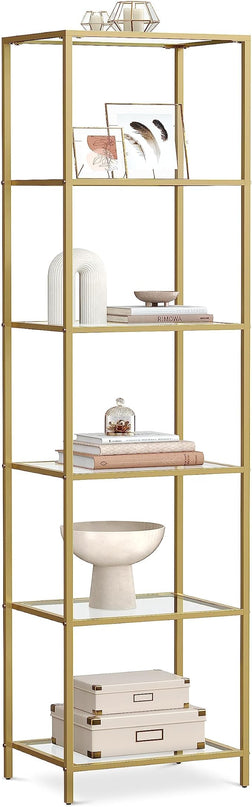 VASAGLE Bookcase, 6-Tier Bookshelf, Slim Shelving Unit for Bedroom, Bathroom, Home Office, Tempered Glass, Steel Frame, Metallic Gold ULGT500A01 - LeafyLoom