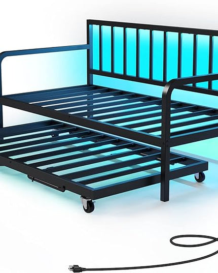Rolanstar Daybed with Charging Station and LED Lights, Height Adjustable Twin Daybed with Trundle, Metal Sofa Bed Frame with Steel Slat Support for Living Room, Bedroom and Guest Room, Black - LeafyLoom