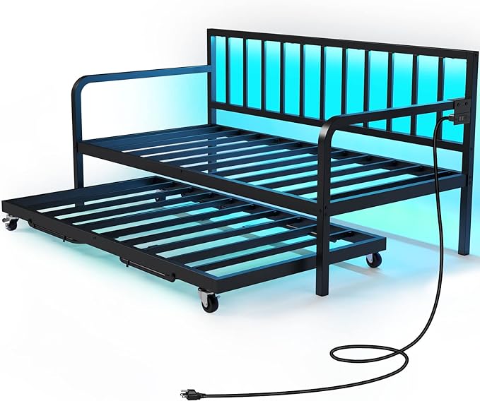 Rolanstar Daybed with Charging Station and LED Lights, Height Adjustable Twin Daybed with Trundle, Metal Sofa Bed Frame with Steel Slat Support for Living Room, Bedroom and Guest Room, Black - LeafyLoom