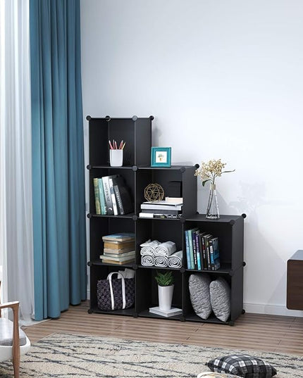 C&AHOME Cube Storage, 9-Cube BookShelf, Plastic Closet Cabinet Organizer, DIY Stackable Bookcase, Modular shelving Units Ideal for Home, Office, Kids Room, 36.6" L x 12.4" W x 48.4" H Black SHS3009A - LeafyLoom