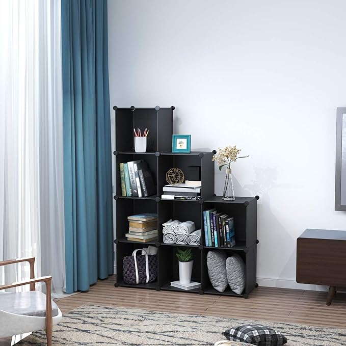 C&AHOME Cube Storage, 9-Cube BookShelf, Plastic Closet Cabinet Organizer, DIY Stackable Bookcase, Modular shelving Units Ideal for Home, Office, Kids Room, 36.6" L x 12.4" W x 48.4" H Black SHS3009A - LeafyLoom