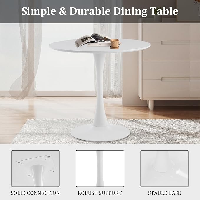 Round Dining Table,31.5”Kitchen Table for 2-4 People,MDF Table Top with Metal Pedestal Base,Tulip Design for Kitchen,Dining Room,Living Room,Leisure,White - LeafyLoom