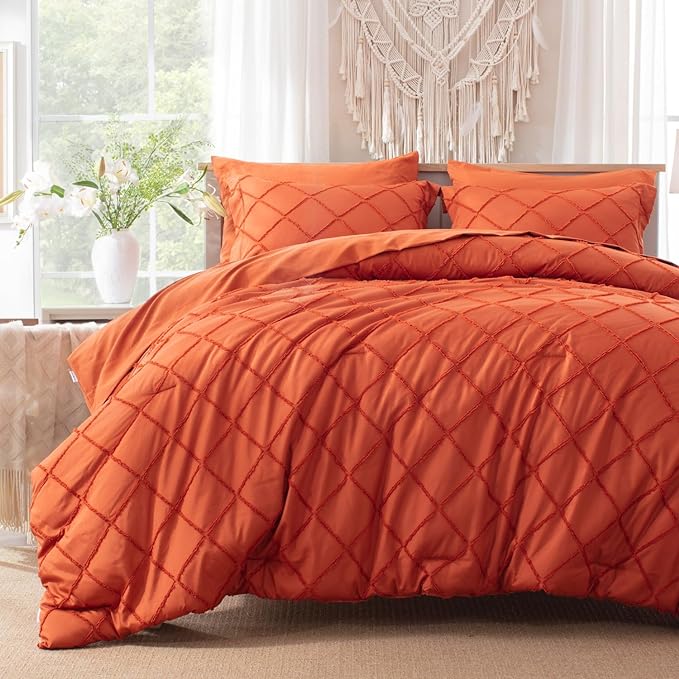 Boho Orange Comforter Set with Jacquard Tufted Design,Farmhouse Bedding Sets for All Seasons,Soft 7 Pieces Queen Bed in a Bag with Comforter,Flat Sheet,Fitted Sheet,Pillowcases & Shams - LeafyLoom