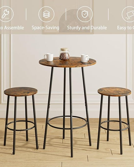 3 Piece Bar Table Set, Round Bar Table and Chairs Set of 2, Pub Dining Table Set Counter Height, Bar Stool Table for Breakfast Nook, Dinning Room, Living Room, Rustic Brown(23.6") - LeafyLoom