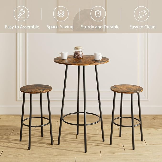 3 Piece Bar Table Set, Round Bar Table and Chairs Set of 2, Pub Dining Table Set Counter Height, Bar Stool Table for Breakfast Nook, Dinning Room, Living Room, Rustic Brown(23.6") - LeafyLoom