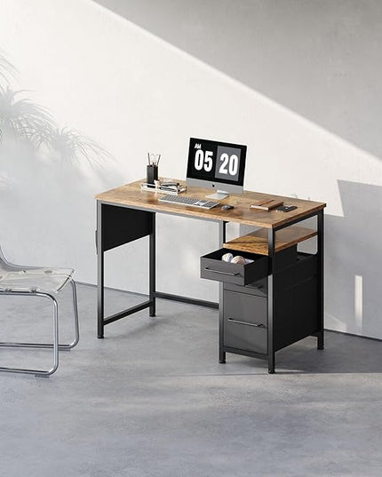 Ｍａｉｈａｉｌ Maihail Small Desk with Drawers, 40 inch Computer Desk with Shelves, Writing Desk with Storage, Small Office Desk with Metal Frame, Rustic Brown - LeafyLoom