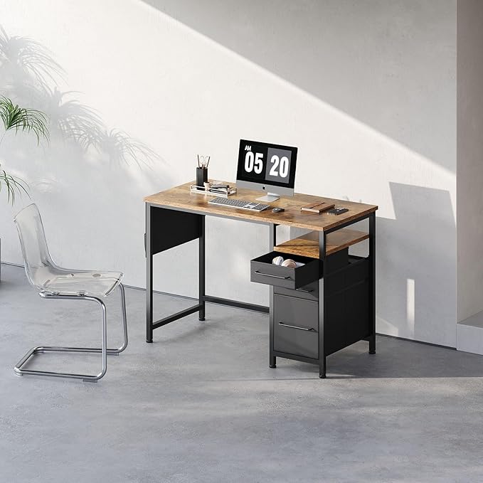 Ｍａｉｈａｉｌ Maihail Small Desk with Drawers, 40 inch Computer Desk with Shelves, Writing Desk with Storage, Small Office Desk with Metal Frame, Rustic Brown - LeafyLoom