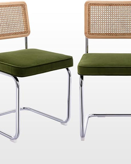 Zesthouse Mid Century Modern Dining Chairs Set of 2, Velvet Accent Chairs with Natural Cane Back & Stainless Chrome Base, Famous Breuer Designed Chairs, Upholstered Rattan Kitchen Chairs,Green - LeafyLoom