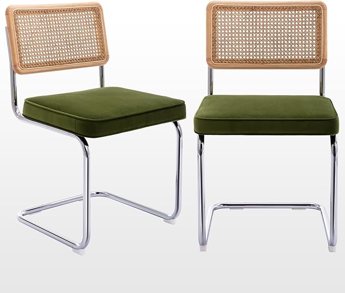 Zesthouse Mid Century Modern Dining Chairs Set of 2, Velvet Accent Chairs with Natural Cane Back & Stainless Chrome Base, Famous Breuer Designed Chairs, Upholstered Rattan Kitchen Chairs,Green - LeafyLoom
