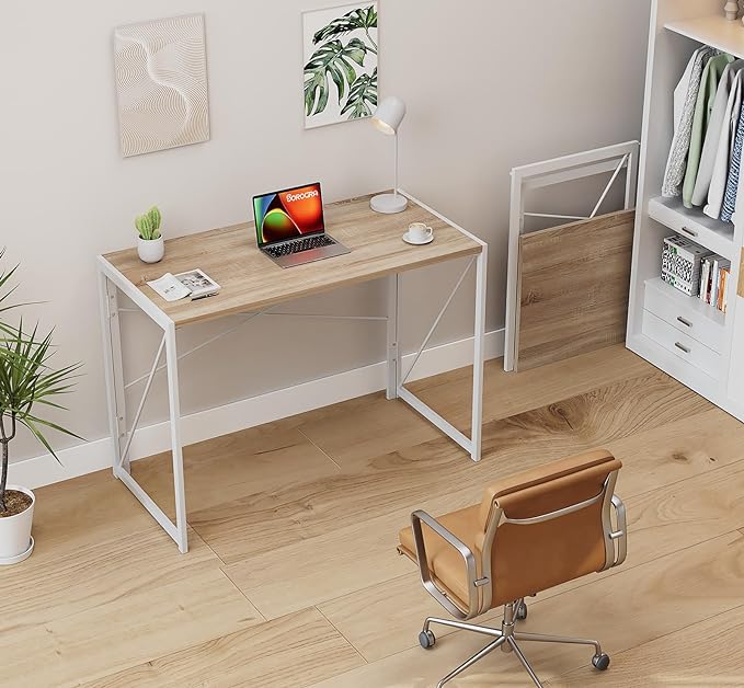 Coavas 31.5 inch Folding Desk No Assembly Required, Writing Computer Desk Space Saving Foldable Table Simple Home Office Desk, White Oak - LeafyLoom