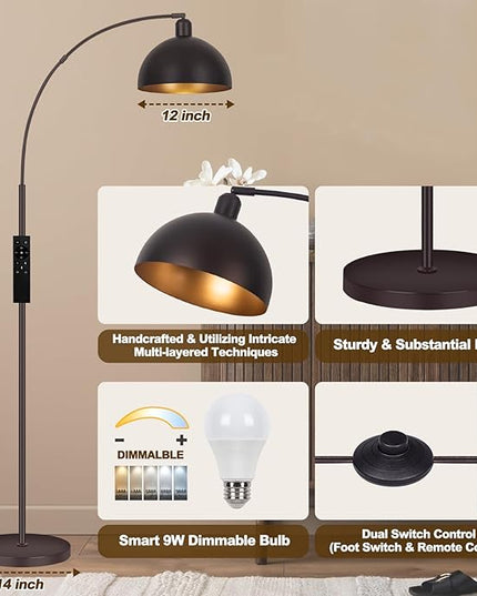 Bronze Arch Floor Lamps for Living Room Dimmable - Upgraded 9W LED Arc Lamp with 4 Color Temperatures, Remote Control Rustic Arched Floor Lamp, Reading Standing Lamp for Bedroom (Bulb Included) Brown - LeafyLoom