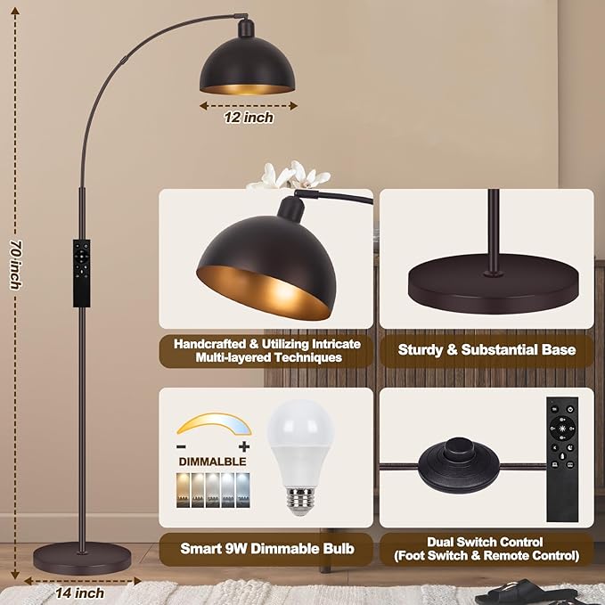 Bronze Arch Floor Lamps for Living Room Dimmable - Upgraded 9W LED Arc Lamp with 4 Color Temperatures, Remote Control Rustic Arched Floor Lamp, Reading Standing Lamp for Bedroom (Bulb Included) Brown - LeafyLoom