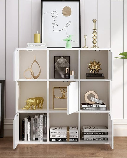 9-Cube Storage Shelf Bookcase - Wooden 3-Tier Floor Standing Open Bookshelf with Doors for Home and Office, Display Cabinet, Warm White - LeafyLoom