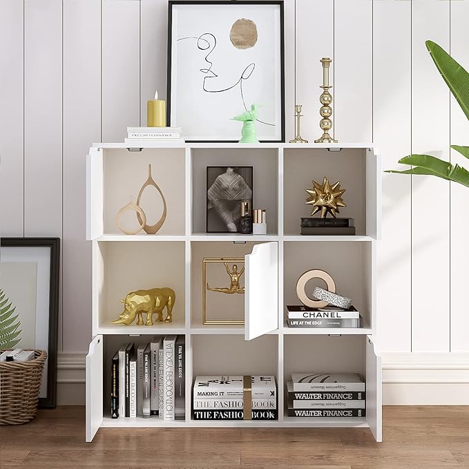 9-Cube Storage Shelf Bookcase - Wooden 3-Tier Floor Standing Open Bookshelf with Doors for Home and Office, Display Cabinet, Warm White - LeafyLoom