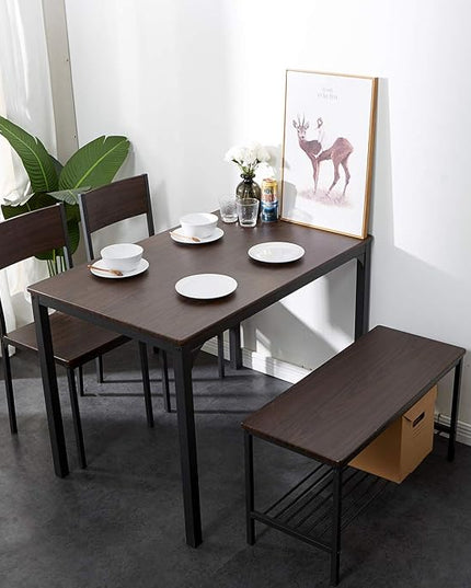 DlandHome 4 Person Dining Table Set, Dining Table with 2 Chairs and 1 Bench,Rectangular Space-Saving Dinner Table with Two Benches for Kitchen,Rustic Oak - LeafyLoom