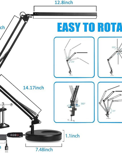 LED Desk Lamp with Clamp and Round Base,Eye Caring Table Lamp with Swing Arm,3 Color Modes 10 Brightness Levels,Memory Function, Desk Light for Home Office with USB Adapter Black-14W - LeafyLoom