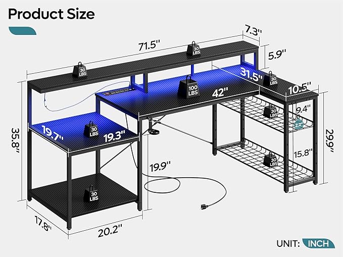 Bestier Gaming Desk with Power Outlet, 71.5 inch LED Computer Desk with Monitor Stand, L Shaped Large Desk with Metal Shelf, Cup Holder & Headset Hooks, Corner Desk for Bedroom 3D Carbon Fiber - LeafyLoom