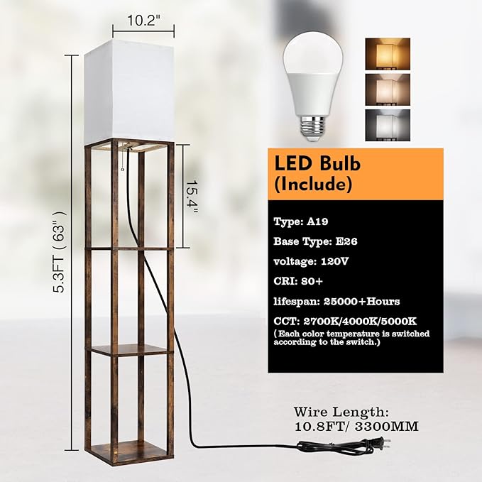 RUNTOP Floor Lamp with Shelves, Modern Shelf Lamp for Display Storage, 3 Color Temperature Wood Narrow Standing Corner Lamp with 8W Bulb for Living Room Decor, Bedroom, Office, Home Decor(Brown) - LeafyLoom