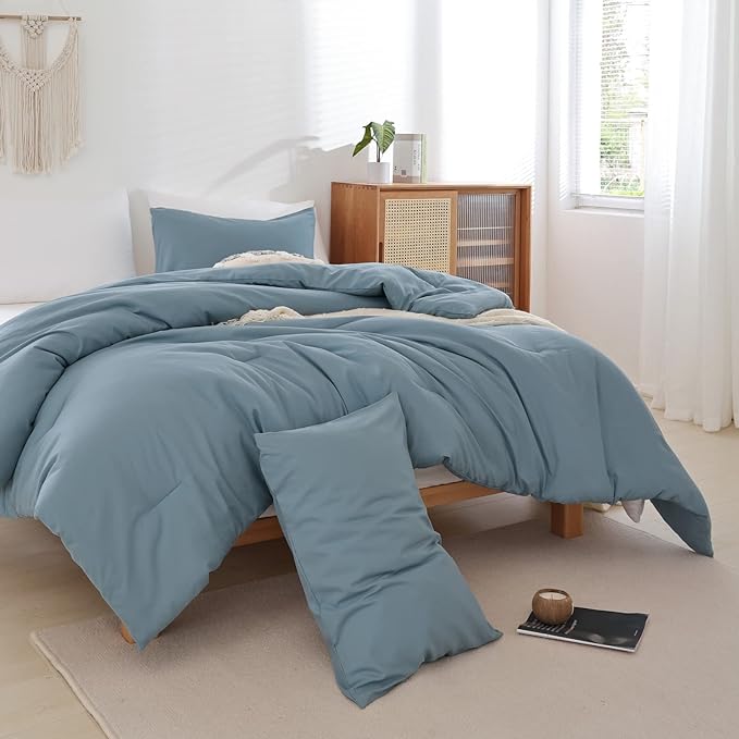 ROSGONIA Dusty Blue Twin Comforter Set for Boys Girls, 1 Boho Blue Comforter & 1 Pillowcase, Lightweight Kids Comforter All Season Dorm Bedding Set - LeafyLoom