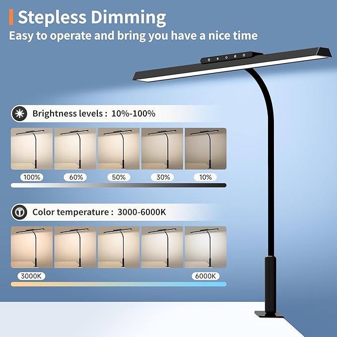 Desk Lamp, 3 Colors Stepless Dimming LED Desk Lamps for Home Office Adjustable Memory Desk Light with Clamp Touch Control Office Lamp Eye Caring Computer Light for Working Sewing(Black) - LeafyLoom