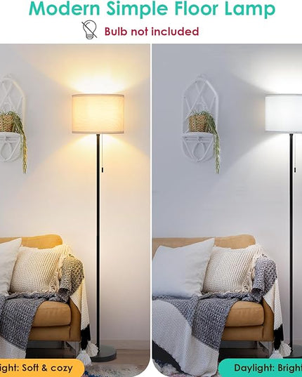 FOLKSMATE Floor Lamp for Living Room, Modern LED Simple Standing Lamps, Minimalist Tall Lamp for Bedroom, Living Room, Office, Kids Room, Reading Light, Black Pole Lamp with White Shade, without Bulb - LeafyLoom