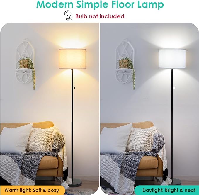 FOLKSMATE Floor Lamp for Living Room, Modern LED Simple Standing Lamps, Minimalist Tall Lamp for Bedroom, Living Room, Office, Kids Room, Reading Light, Black Pole Lamp with White Shade, without Bulb - LeafyLoom