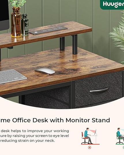47 inch Computer Desk with 4 Drawers, Gaming Desk with LED Lights & Power Outlets, Home Office Desk with Large Storage Space for Bedroom, Work from Home, Rustic Brown - LeafyLoom