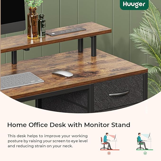 47 inch Computer Desk with 4 Drawers, Gaming Desk with LED Lights & Power Outlets, Home Office Desk with Large Storage Space for Bedroom, Work from Home, Rustic Brown - LeafyLoom