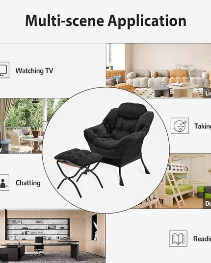 Lazy Chair with Folding Ottoman, Accent Chair Velvet Upholstered with Metal Structure and Non-Slip Pads, Sofa Armchair with Footrest and Side Storage Bag for Dorm, Room, Office, Black - LeafyLoom