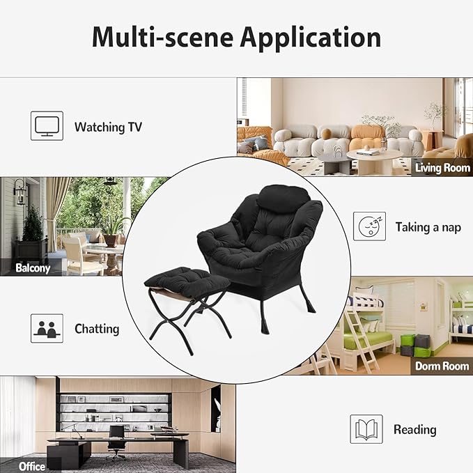 Lazy Chair with Folding Ottoman, Accent Chair Velvet Upholstered with Metal Structure and Non-Slip Pads, Sofa Armchair with Footrest and Side Storage Bag for Dorm, Room, Office, Black - LeafyLoom