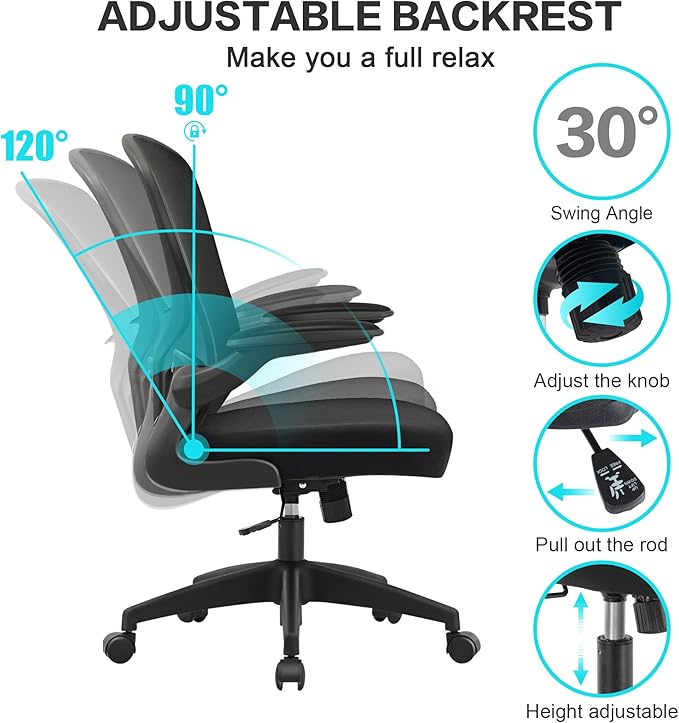 FelixKing Office Desk Chairs, Ergonomic PC Desk Chair with Wheels, Adjustable Lumbar Support and Height, Swivel Computer Chair with Flip-up Armrests, Ergo Mesh Backrest for Working (Black) - LeafyLoom