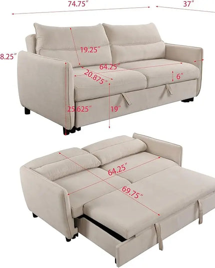 Corduroy Upholstered Convertible Futon Loveseat Sofa Bed, 3 Seater Multi-Functional Reclining Couch Pull Out Sofabed Sofá Cama Para Sala w/Adjustable Backrest, Furniture for Living Room Office - LeafyLoom