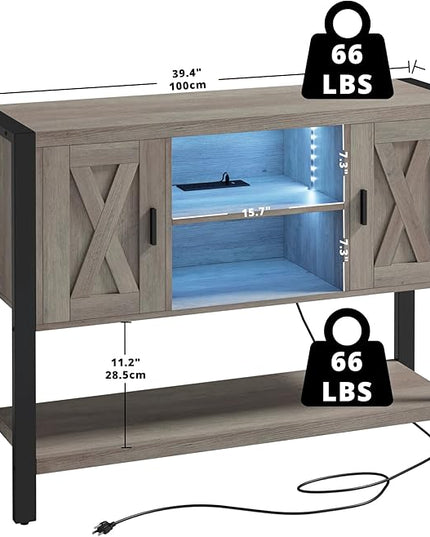 IRONCK Sideboard Buffet Cabinet with LED Light & Charging Station, Coffee Station Table, Bar Storage for Kitchen, Dining Room, Living Room, Grey - LeafyLoom
