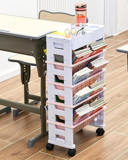 5 Tier Rolling Utility Book Cart, Movable Bookshelf Organizer with Wheels, Storage Book Shelves, Book Rack for Study in Classroom School Office, White-Pink - LeafyLoom