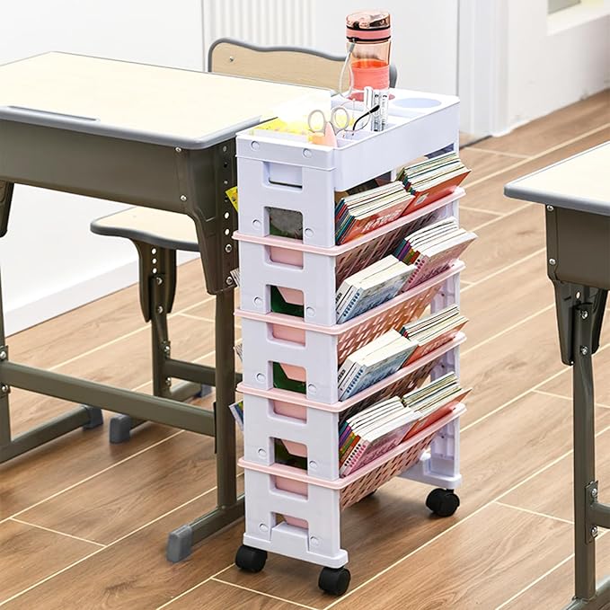 5 Tier Rolling Utility Book Cart, Movable Bookshelf Organizer with Wheels, Storage Book Shelves, Book Rack for Study in Classroom School Office, White-Pink - LeafyLoom