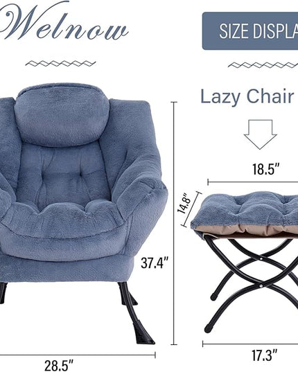 Welnow Lazy Chair with Ottoman, Modern Lounge Accent Chair with Armrests and a Side Pocket, Leisure Upholstered Sofa Chair Set, Reading Chair with Footrest for Small Space, Plush Light Blue - LeafyLoom