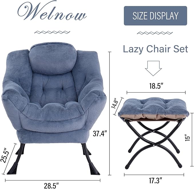Welnow Lazy Chair with Ottoman, Modern Lounge Accent Chair with Armrests and a Side Pocket, Leisure Upholstered Sofa Chair Set, Reading Chair with Footrest for Small Space, Plush Light Blue - LeafyLoom